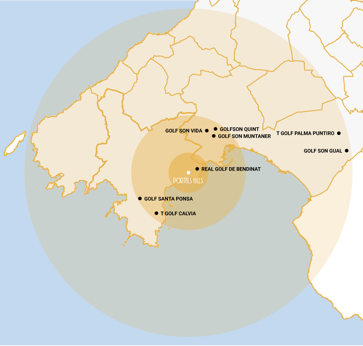 Mapa de la ubicación de los campos de golf cercanos a Portals Nous.