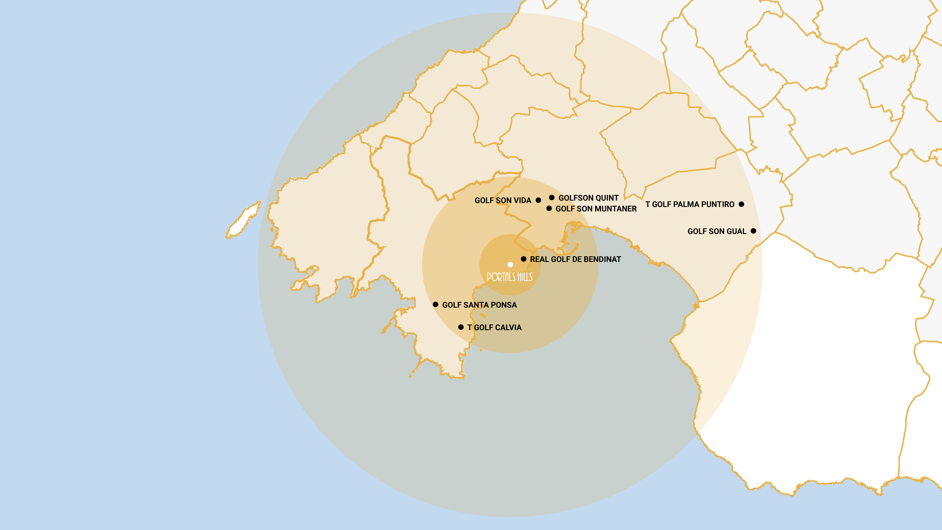 Mapa de la ubicación de los campos de golf cercanos a Portals Nous.