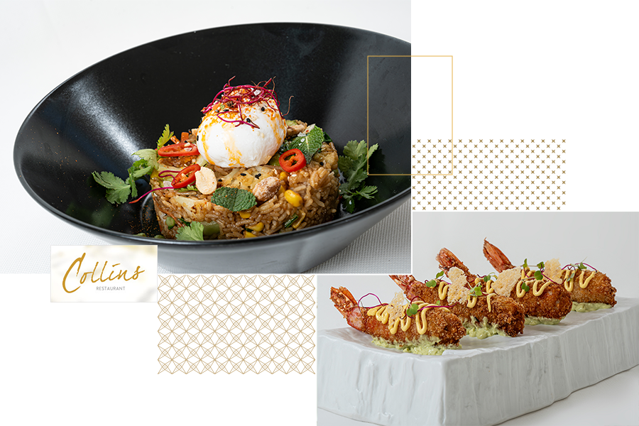A graphic comprising two images featuring decoratively arranged dishes. With gold graphic elements and the Collins Restaurant logo.