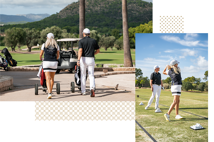 Graphic featuring two photos of a man and a woman on a golf course, carrying golf bags and standing at the tee.
